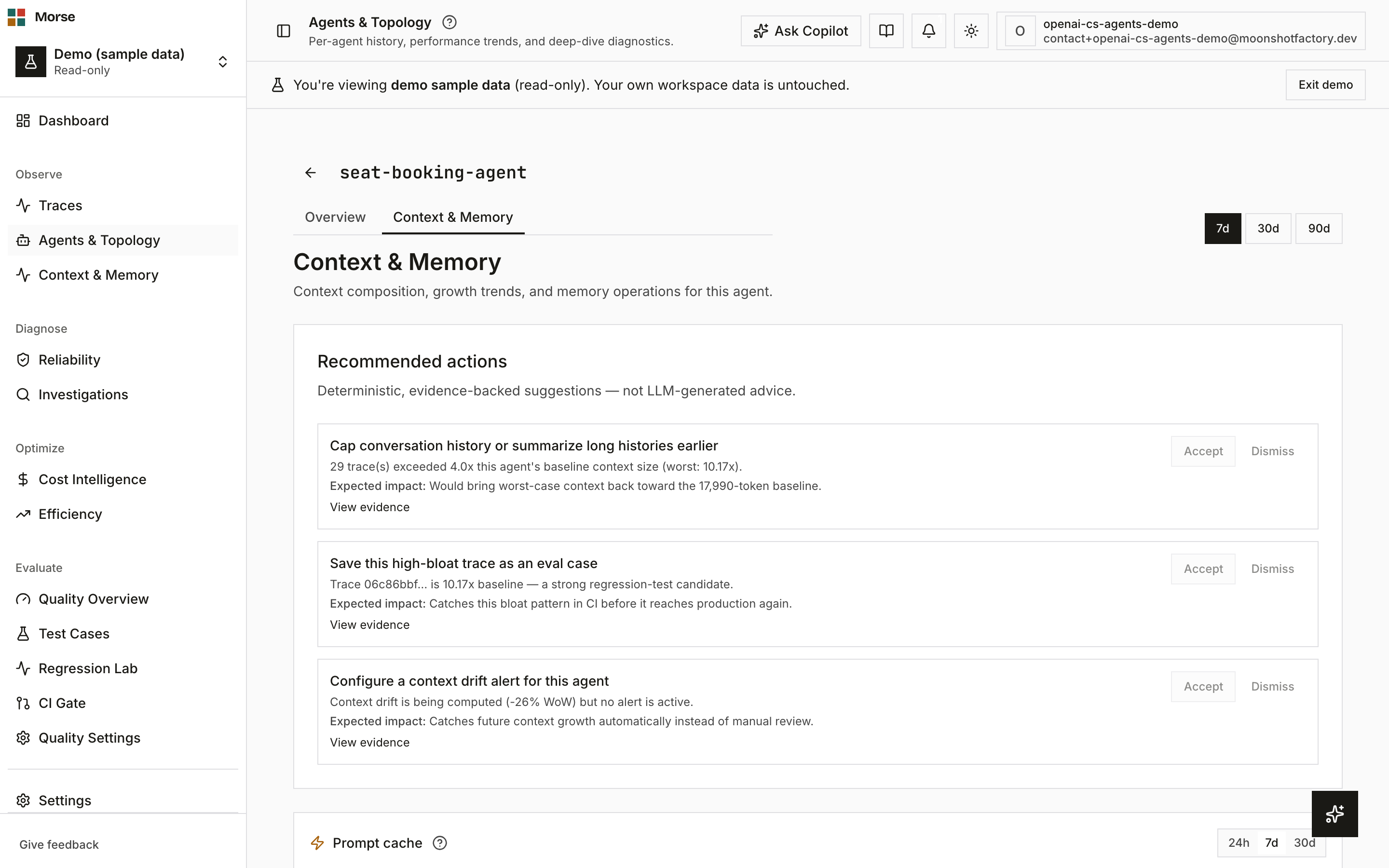 The per-agent Context & Memory tab with the growth chart and prompt-cache panel