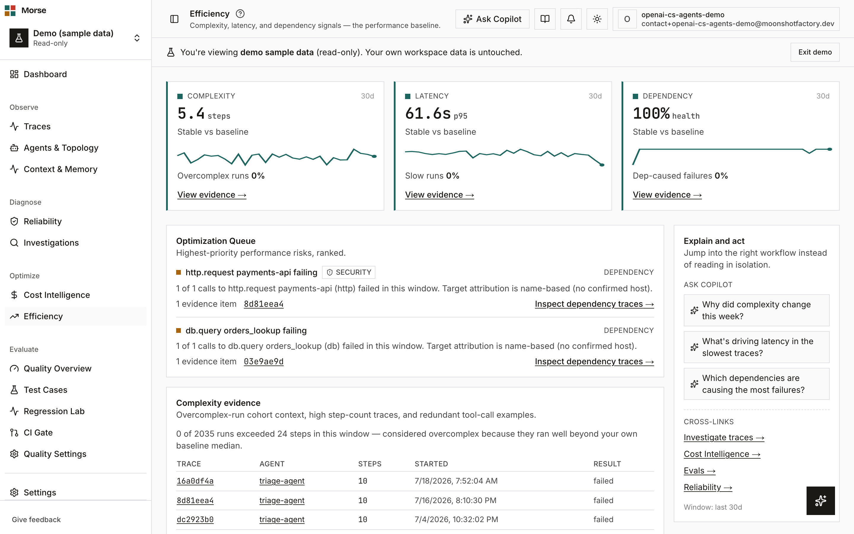 The Efficiency command center with all three summary panels and the Optimization Queue