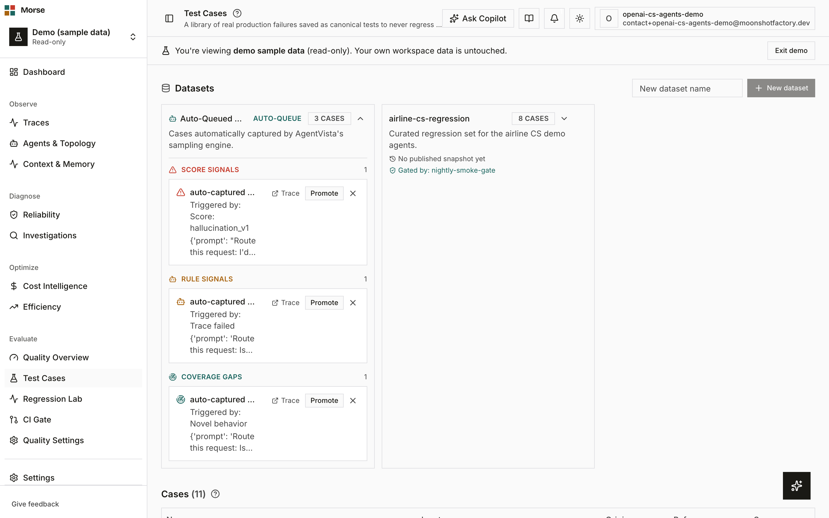 The Cases page with the Datasets grid and the Cases table below it