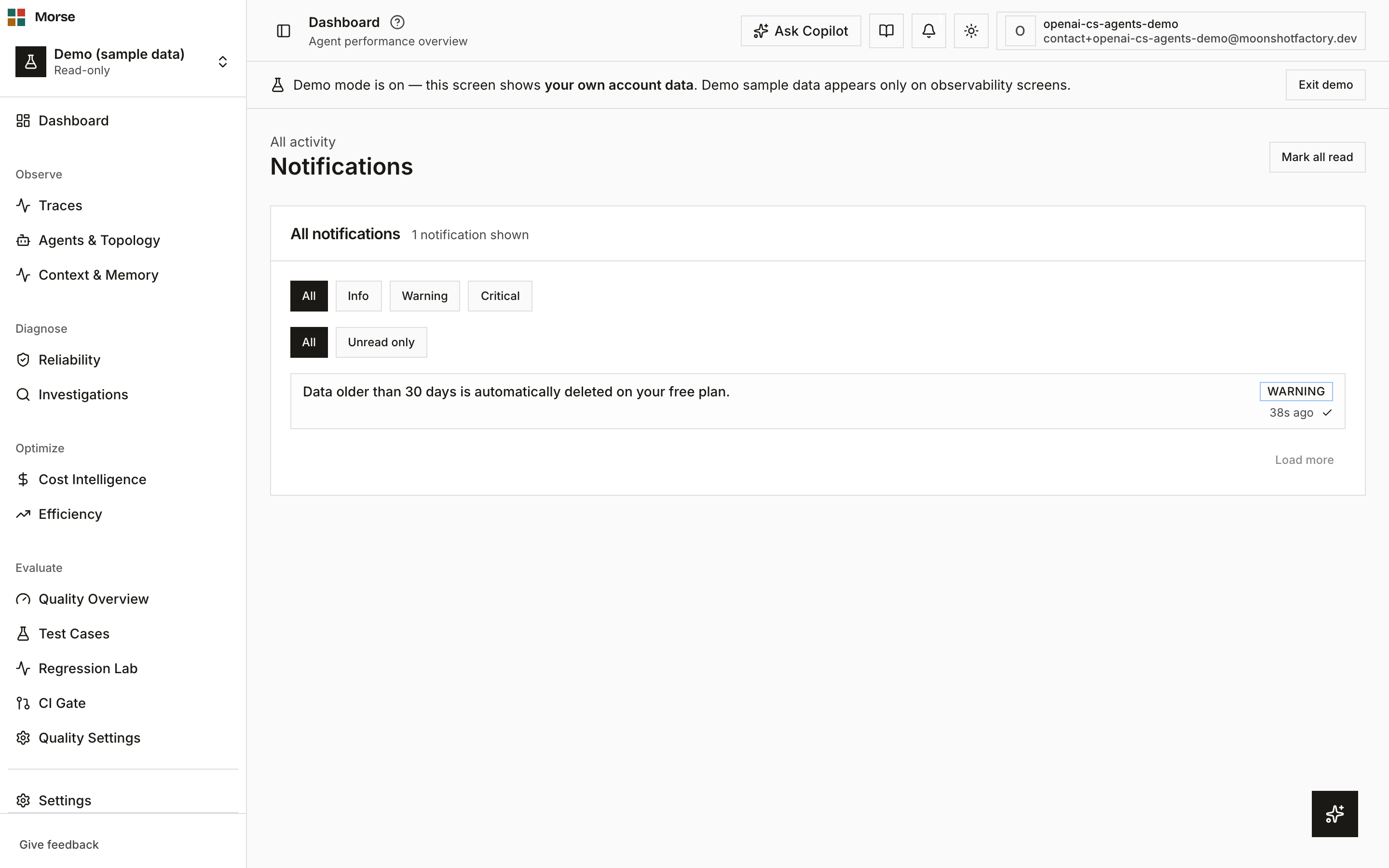 The Notifications page with the severity and read filters applied