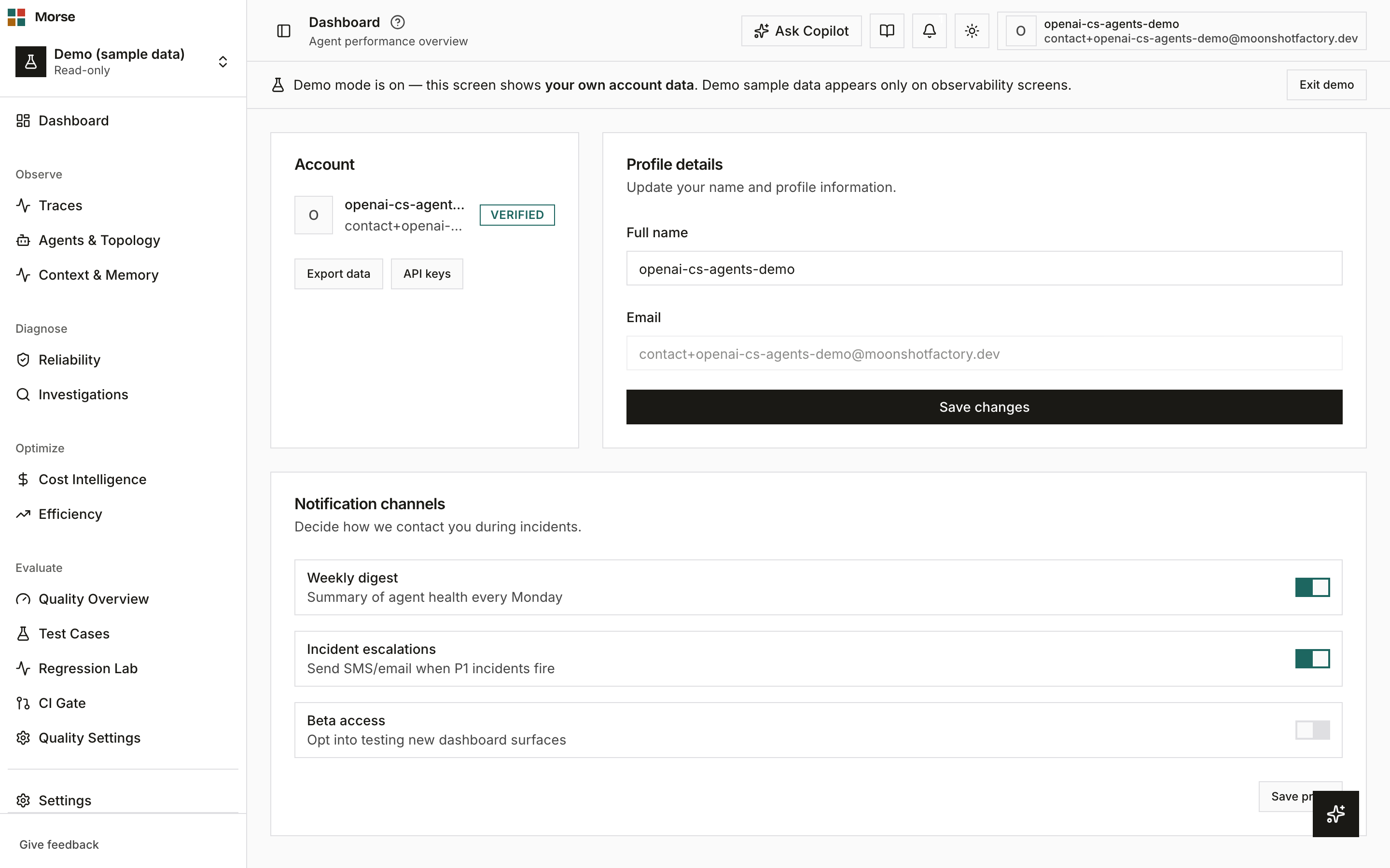 The Profile page with the Account card and notification-channel toggles