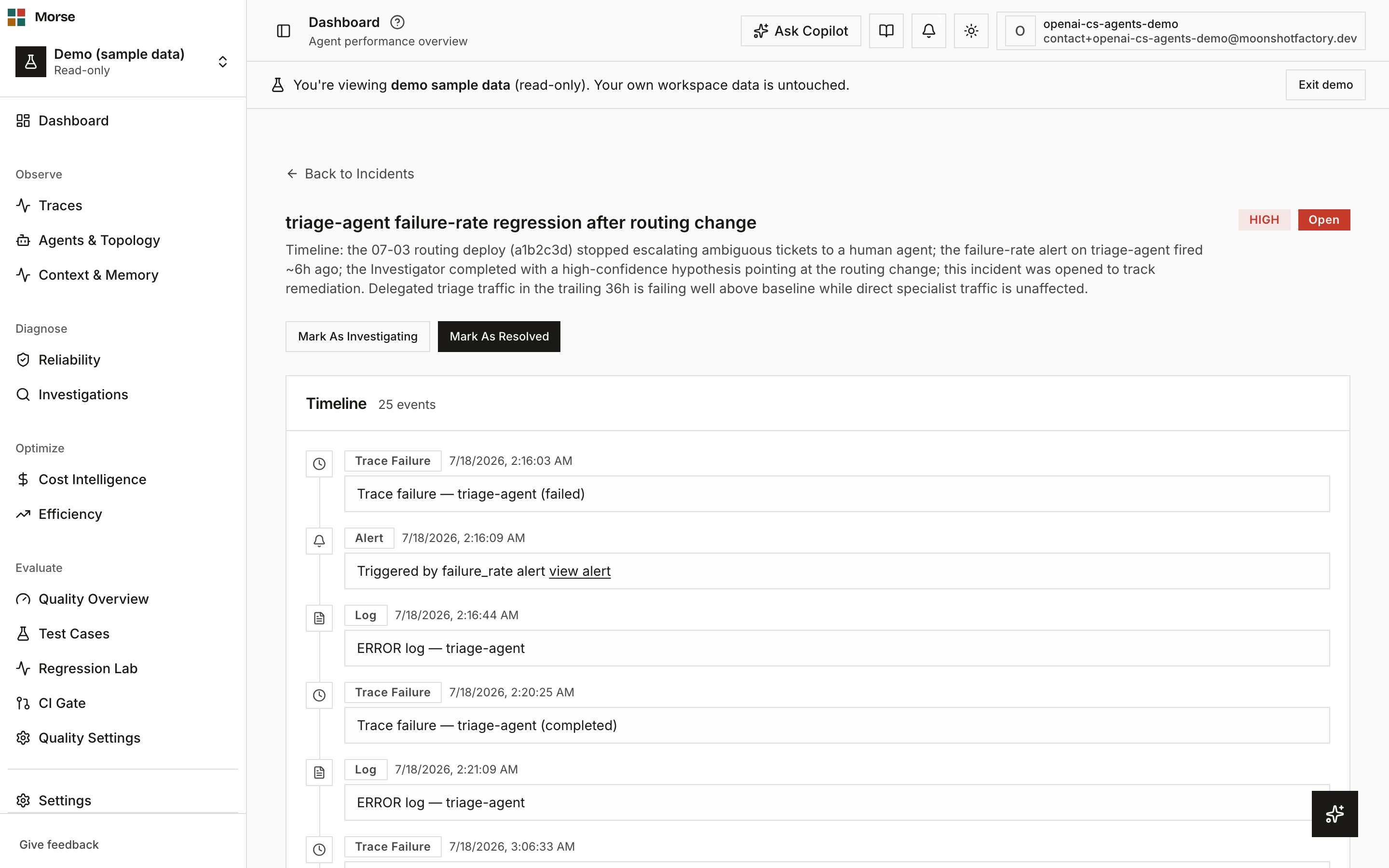 An incident detail page with an open status and a mixed-type timeline