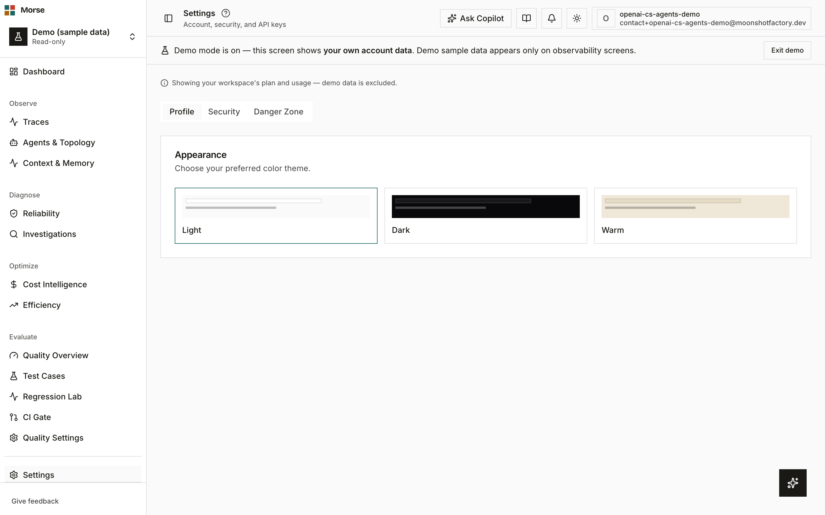The Settings page with the Security tab open