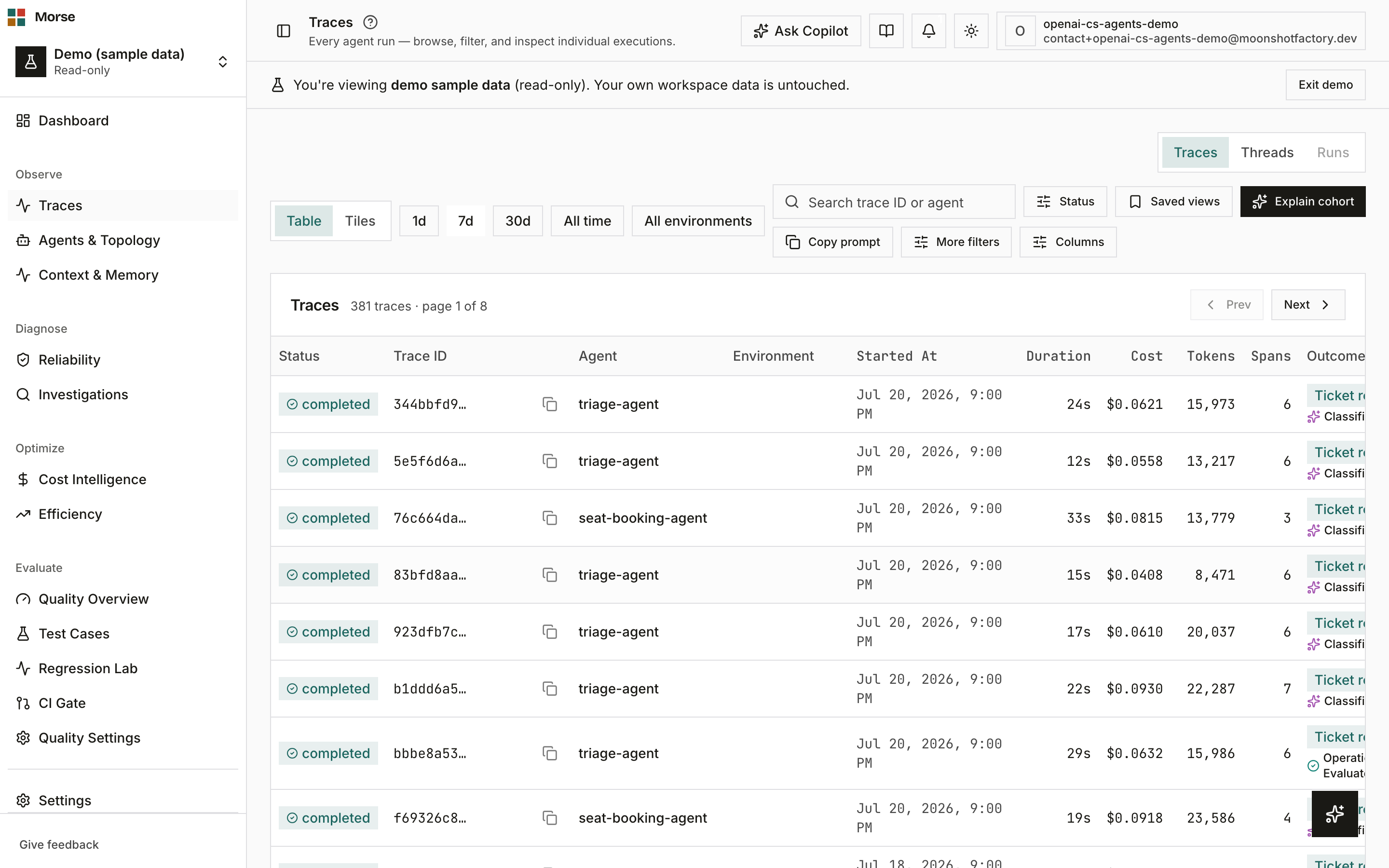 The Traces grid in table mode with the toolbar and results